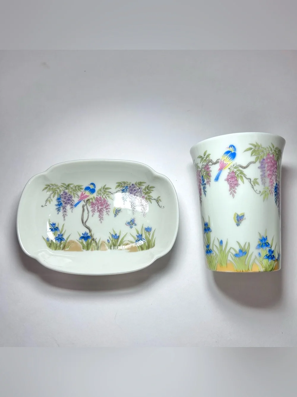 Takahashi San Francisco Porcelain Bathroom Set Wisteria Bird Butterfly